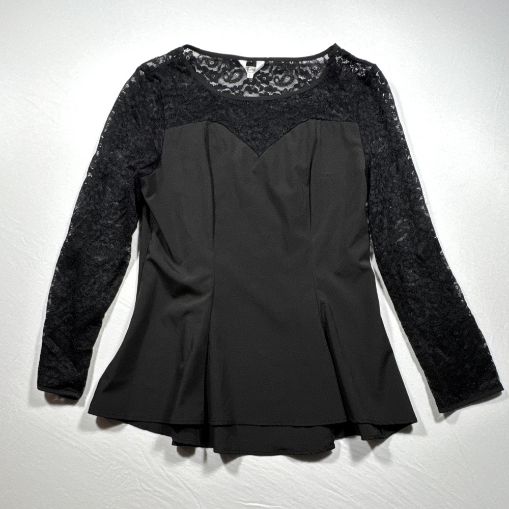Mea/Ceor Womens Black Lace Yoke Round Neck Long Sleeve Peplum Blouse L